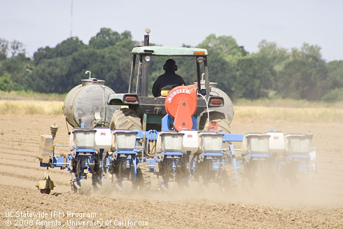Nine-row air drill set up to plant beans and apply fertilizer and bacterial inoculant. Credit: Larry L. Strand