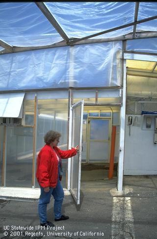 Double-door entryway to greenhouses; workers must pass through two, screened doors with positive-pressure ventilation (air flowing outwards) to reduce pest migration into growing areas.