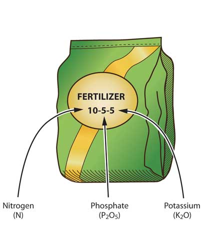 Fertilizers are labeled by the percentages of nitrogen (N), phosphorus (P), and potassium (K).