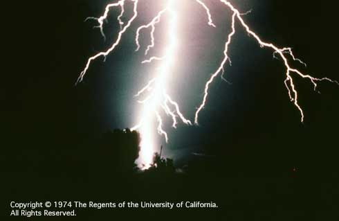 Lightning in the sky and striking the ground at night.