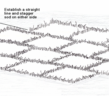 Illustration of sod staggered on either side of a straight line