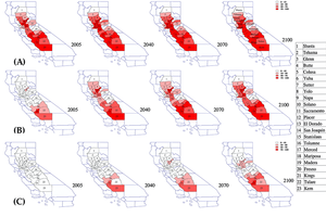 California counties (shaded) that have three (A), four (B), and five (C) navel orangeworm generations historically (2005) and under predicted climate change models (2040, 2070, and 2100). Pathak TB, Rijal JP, Maskey M. 2020. Impact of climate change on navel orangeworm, a major pest of tree nuts in California. <i>Science of the Total Environment</i> <a href='https://doi.org/10.1016/j.scitotenv.2020.142657'>https://doi.org/10.1016/j.scitotenv.2020.142657</a>. 